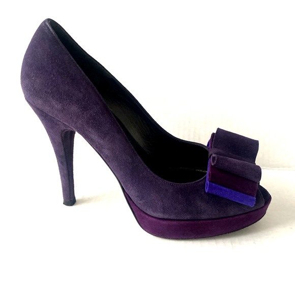 Stuart Weitzman Pump Platform Slim Heel Moda Purple Suede Peep Toe Bow 6.5 - Picture 1 of 10